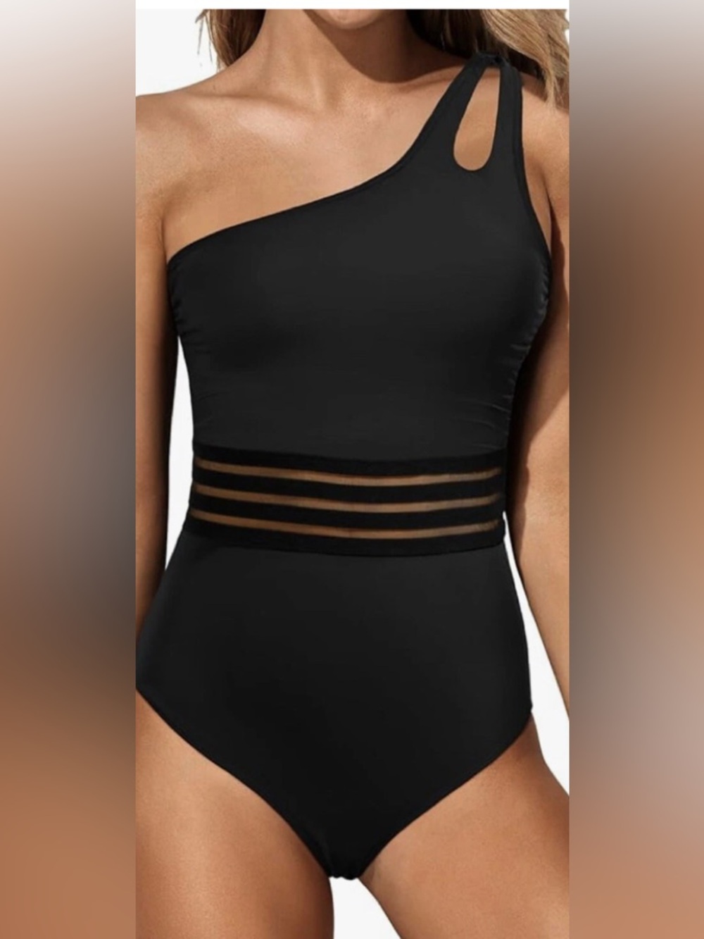 Holipick Swimsuit Black One Piece One Shoulder Mesh Waist Tunmy Control XL 👍